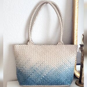 Intrecciato Woven Leather Ombre Bone/Blue Tote Shoulder Bag India LIKE NEW